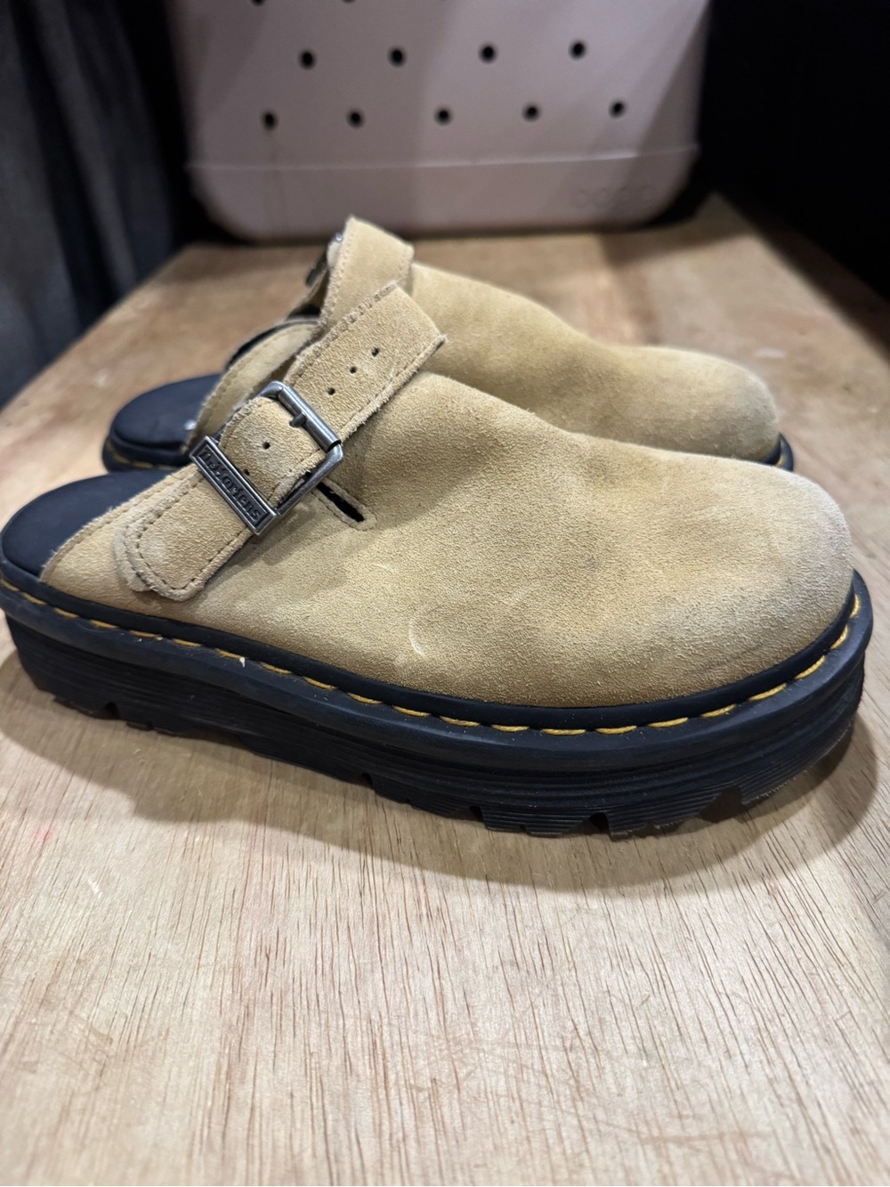 Dr. Martens women’s Tan Suede Buckle Clog with Black Sole
